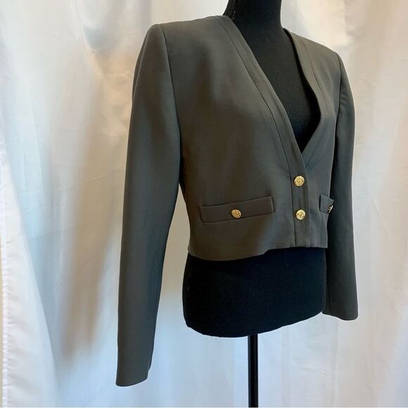 Zara khaki green gray cropped bolero blazer jacket Sz L shoulder pads - Picture 5 of 14